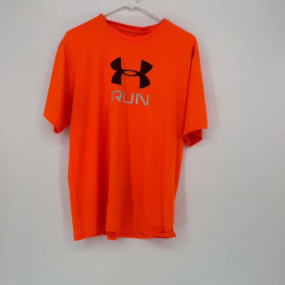 Under Armour Run Mens Orange Short Sleeve Graphic Training T-Shirt Size Large